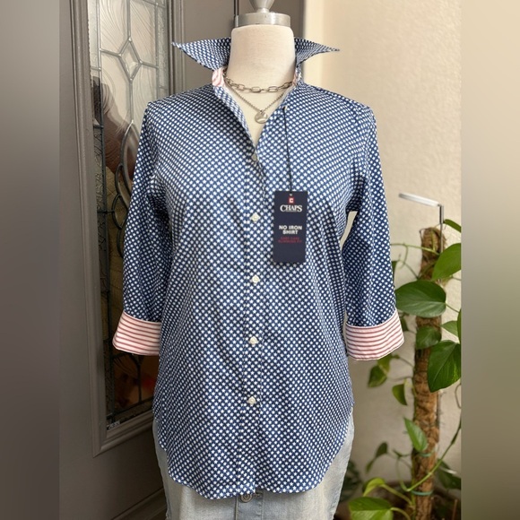 Chaps Tops - NWT Chaps Blue White Star Patterned No Iron Slimming Fit Button Front Shirt